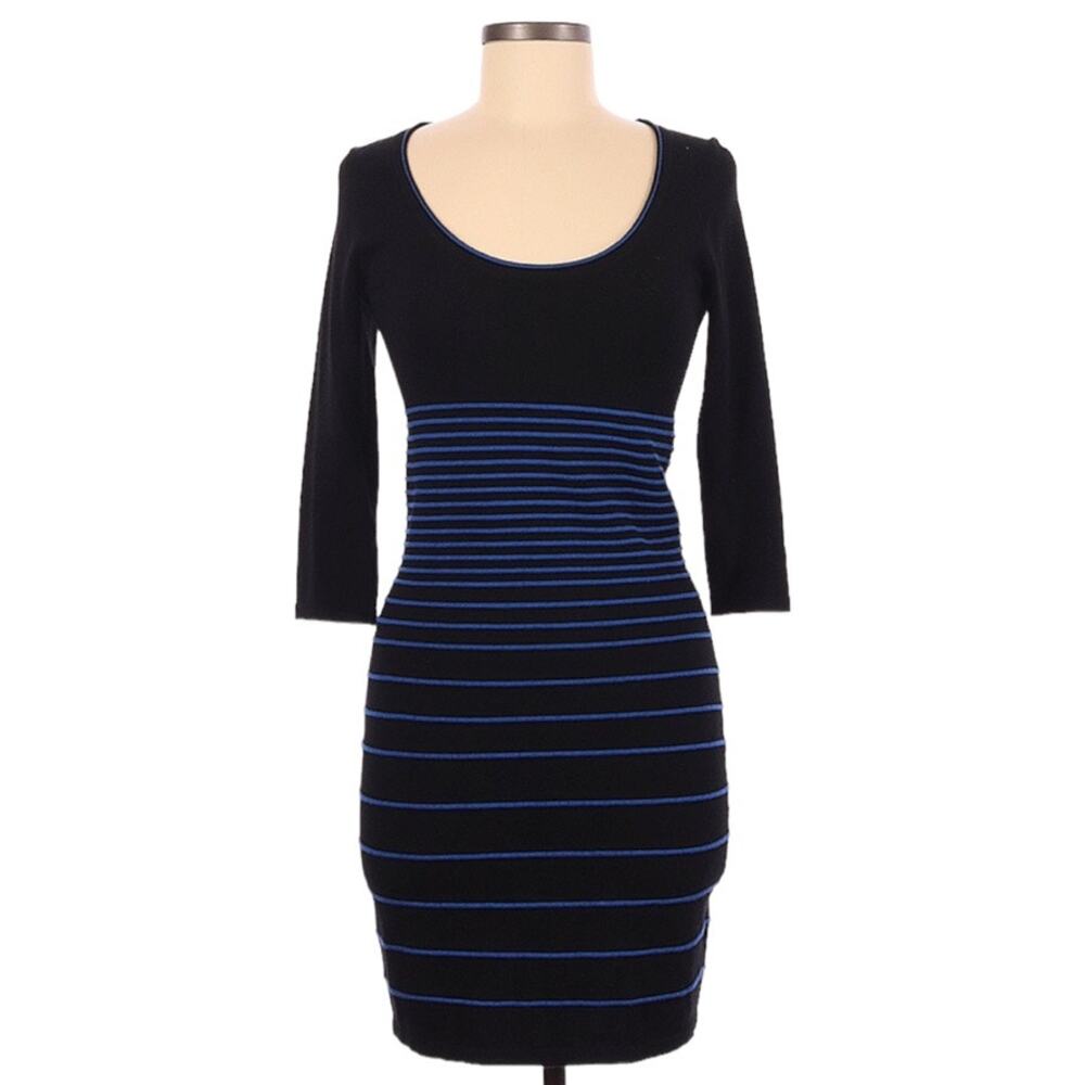 Max Studio Dress Black‎ Blue Striped 3/4 Sleeve Knit Mini Dress Women's Small